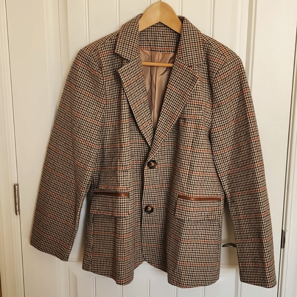 Vtg Single Breasted Boyfriend Blazer, Plaid Jacket with patch elbows,slim large